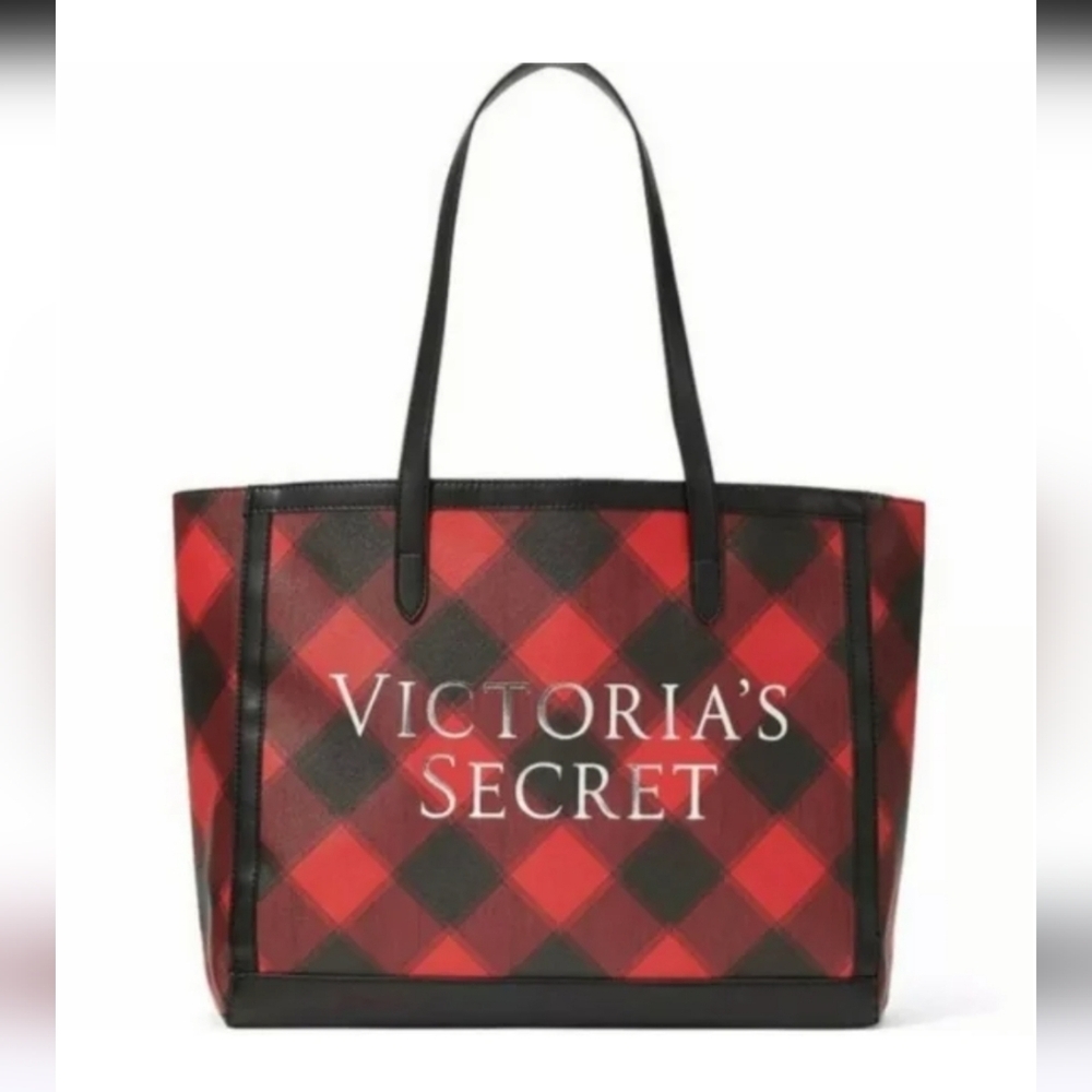 Victoria's Secret Black Red Buffalo Plaid Weekender Large Tote Bag NWT